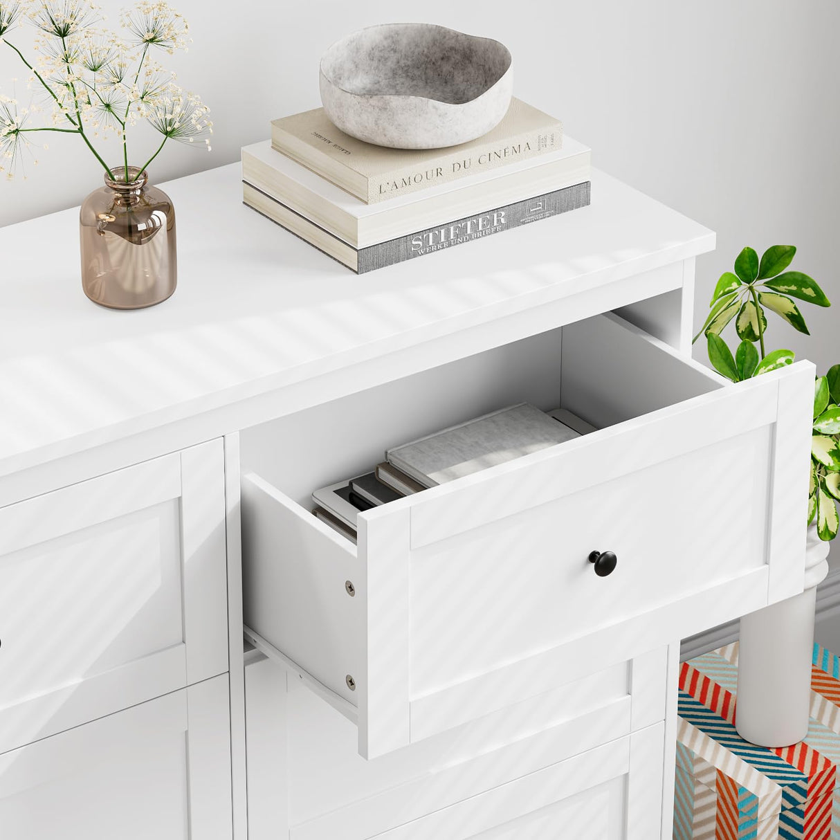 FOTOSOK White Dresser, 6 Drawer Dresser White, Modern Double Chest with Deep Drawers, Wide Storage Organizer Cabinet for Living Room Home FOTOSOK
