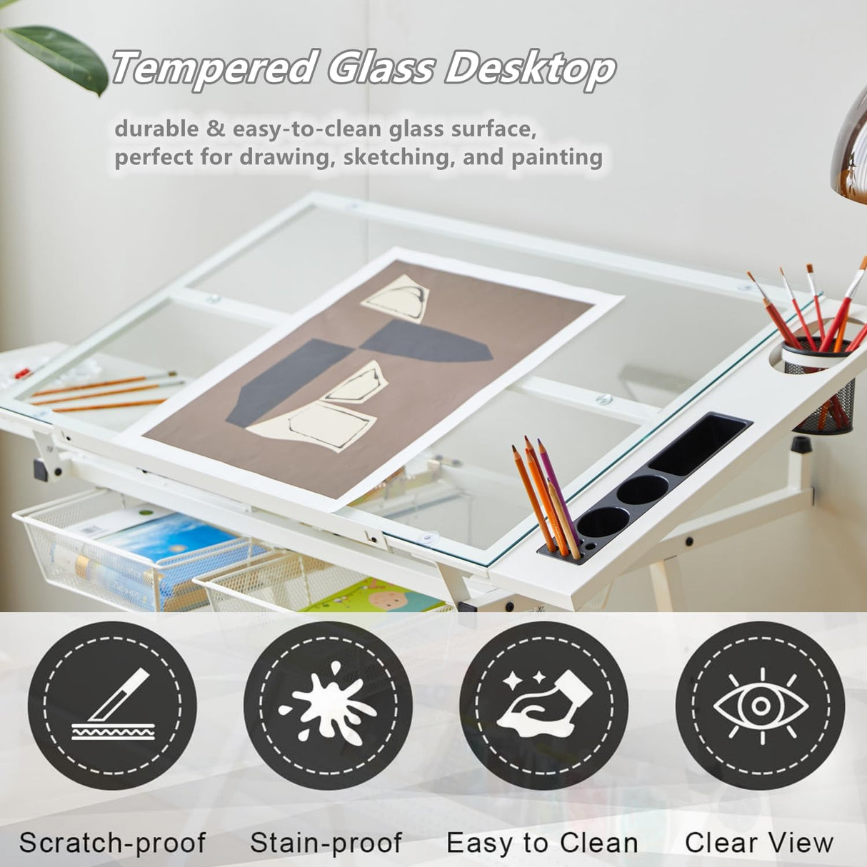 Roockky Drafting Table, 0-75° Tilting Glass Tabletop Drawing Table with Stool - Adjustable Height Art Desk with Multi-Storage for Sketching and Painting - Perfect for Artists and Hobbyists, White Roockky