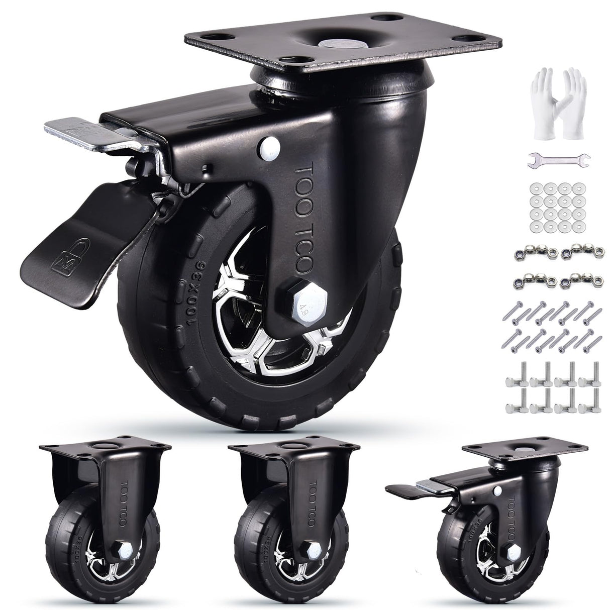 Heavy Duty 4 Inch Caster Wheels Set of 4 2200Lbs Capacity Silent Swivel with brake & Rigid TPR Rubber Wheels Locking Industrial Plate Casters for Cart Furniture Workbench 2 Fixed & 2 Swivel with Brake TOO TCO