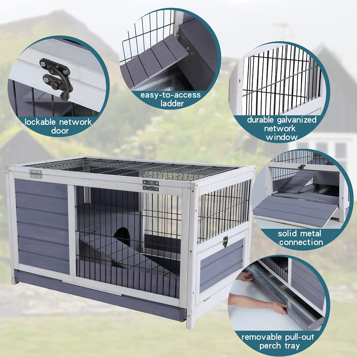 PETSFIT Guinea Pig House Leak Proof Design, Spruce Wood Rabbit Hutch with Bottom Net Hideout for Rest and Ramp for Enter and Out Solid Grey Petsfit