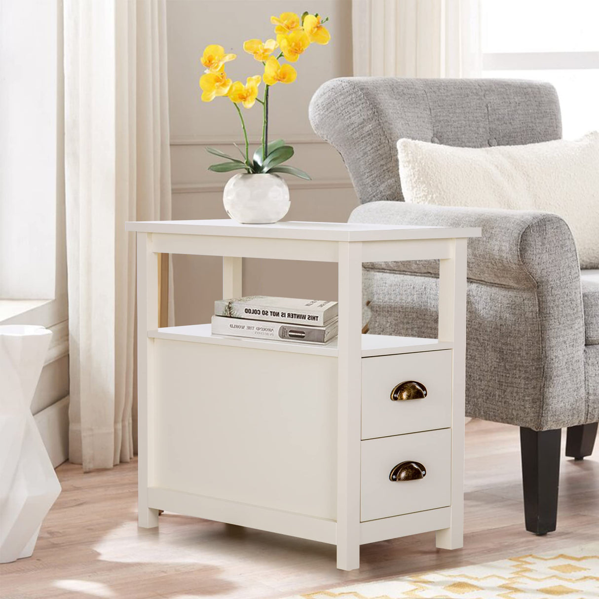 PHI VILLA Narrow End Table with 2 Drawers Nightstand Side Table Bedside Tables Small Sofa Table for Living Room Bedroom PHI VILLA