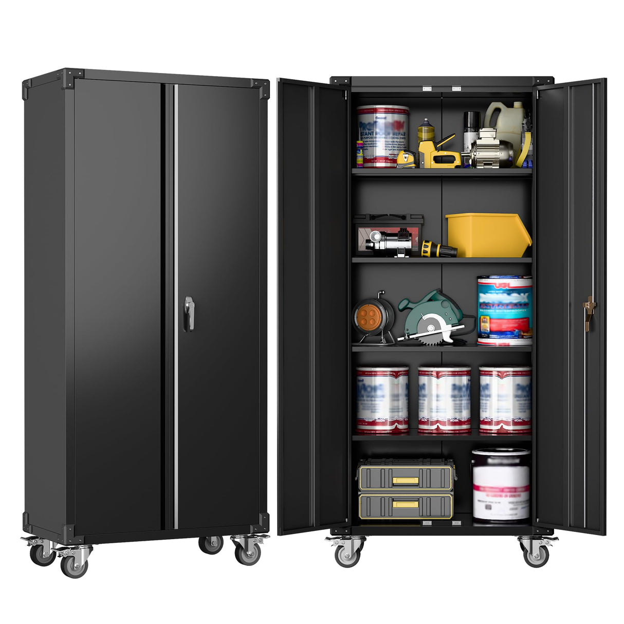 SUXXAN 72" Tall Metal Storage Cabinets with Doors and 4 Adjustable Shelves, Lockable Rolling Cabinet Black, Home Office Metal Utility Cabinet for Garage Kitchen, Assembly Required SUXXAN