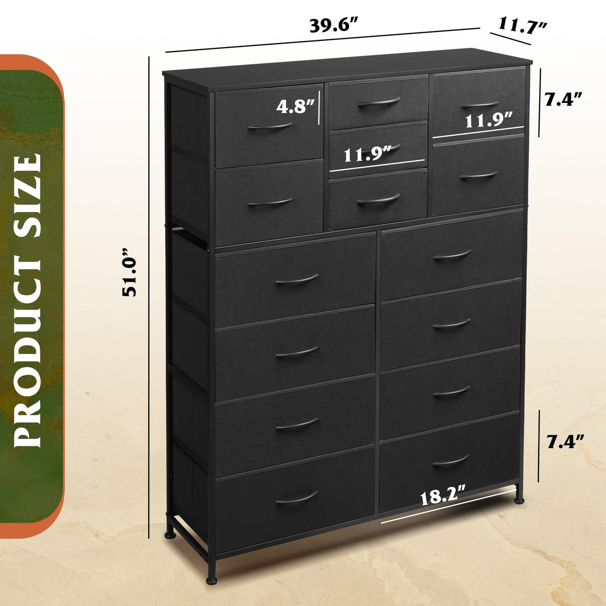 WLIVE Tall Black Dresser for Bedroom Furniture, Fabric Dressers Storage Tower with 15 Deep Drawers, Dresser for Closet, Hallway, Entryway, Office, Storage Tower with Cabinet, Metal Frame, Wooden Top WLIVE