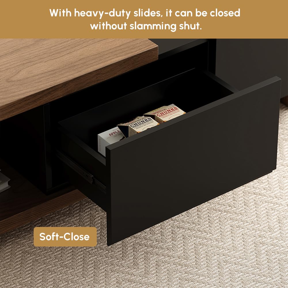 homary Extendable Coffee Table, 47"-69" Expandable Walnut Coffee Table with 2 Drawers, Modern Adjustable Center Table for Living Room & Small Spaces (Black & Walnut) homary