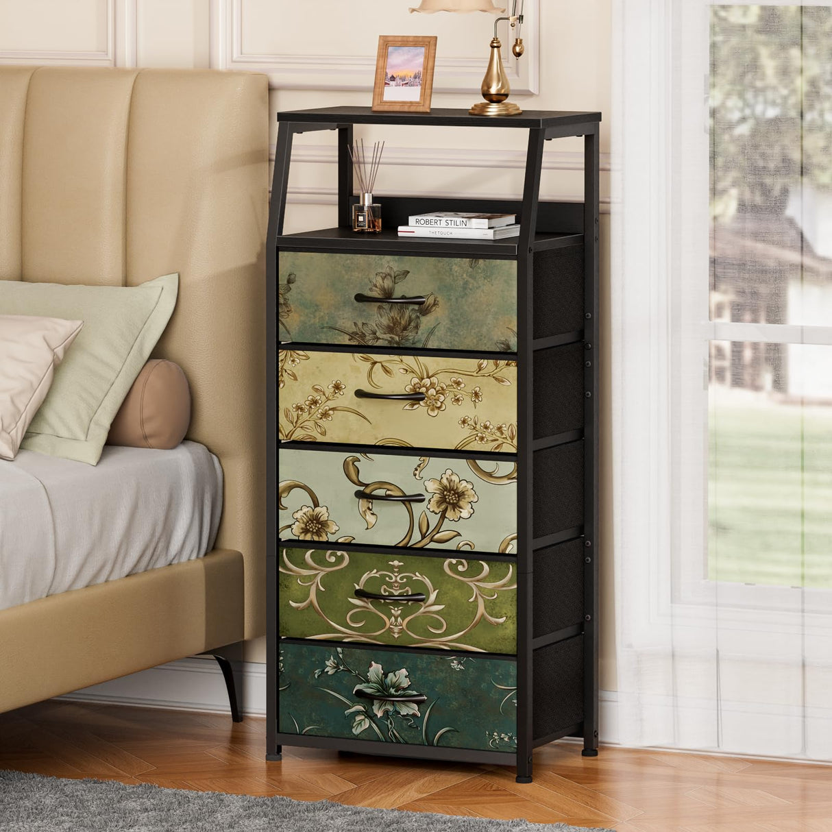 Furnulem Retro 5 Drawers Dresser, Tall Dressers for Bedroom, Closet, Hallway, Nursery, Fabric Storage Tower Organizer, Vertical Nightstand Side Table Furniture, Steel Frame, Wood Top Furnulem