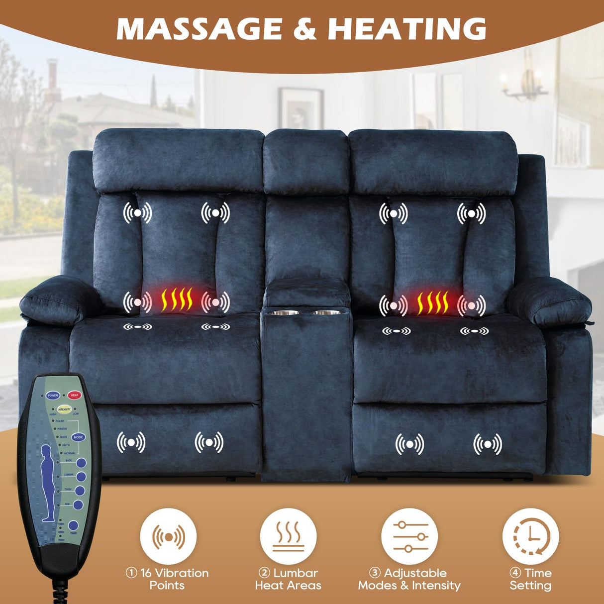 Consofa Power Reclining Loveseat with Console, Power Loveseat Recliner Sofa with Heat and Massage, Wall Hugger Loveseat Recliner with Dual Ports, Cup Holders for Living Room, RV Sofa (Blue, Loveseat) Consofa