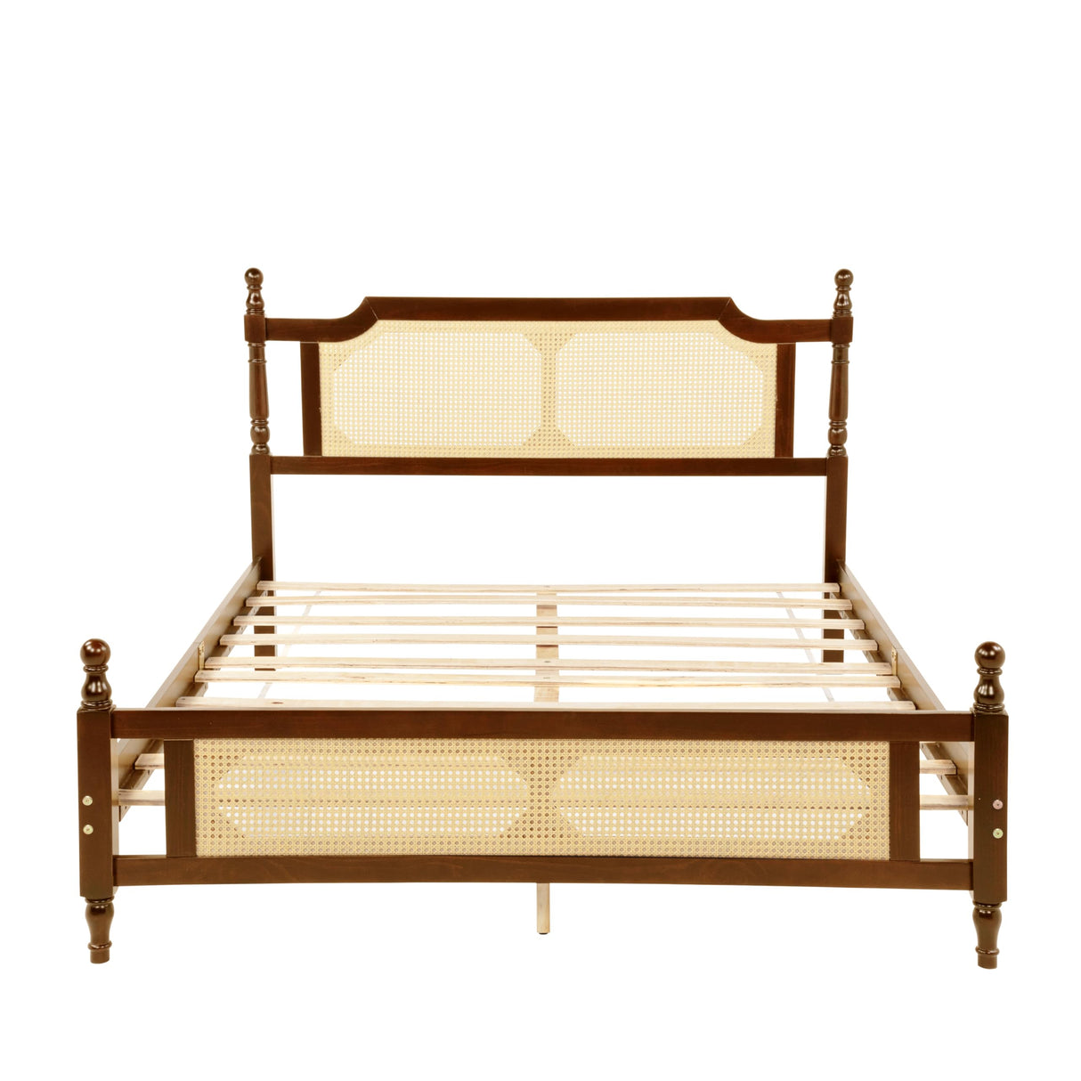 DNChuan Queen Size Platform Bed with Retro Style Rattan Headboard and Footboard,4-Post Wood Bed Frame with Central Enhanced,No Box Spring Needed, Walnut DNChuan