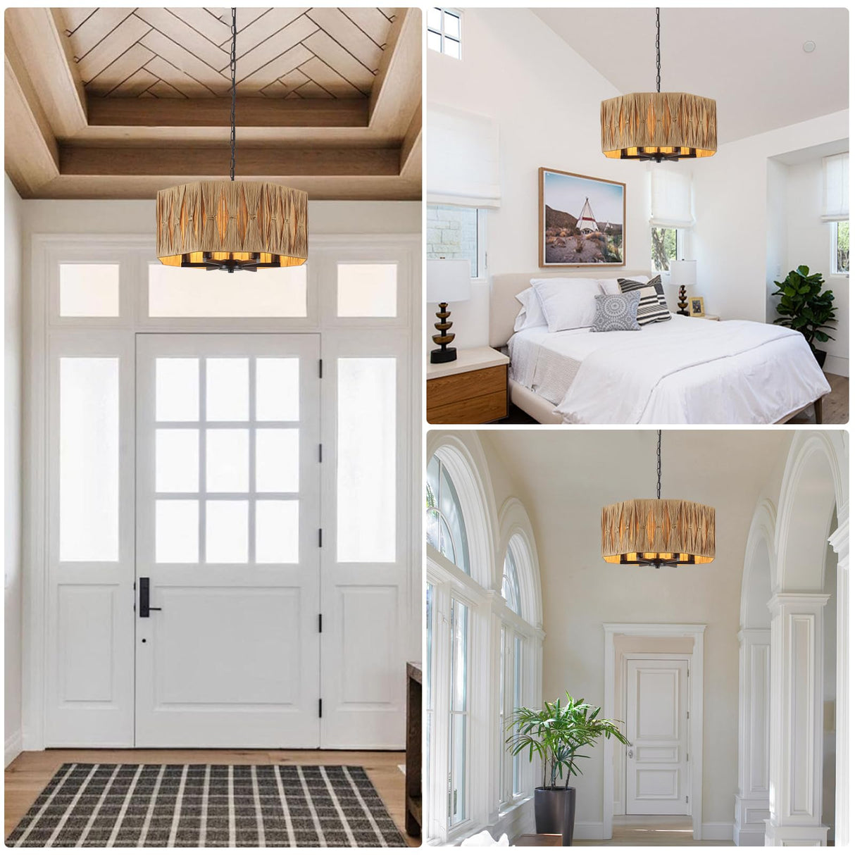 Rattan Drum Chandeliers for Dining Room Light Fixture, 6-Light Hand Woven Farmhouse Chandelier with Wicker Shade Coastal Large Pendant Lights Boho Chandeliers for Kitchen Living Room Foyer Entryway ANKYLHUA