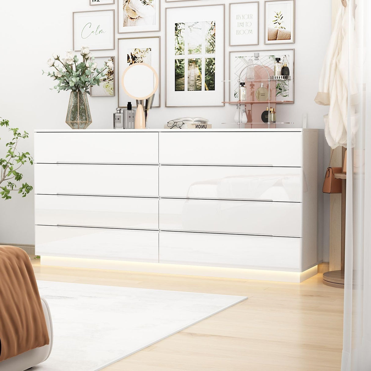 MOUMON High Gloss Dresser with Lights Chest of Drawers, Modern Glossy 8 Drawer Dresser with Curved Edge, for Bedroom White 15.7“D x 63”W x 30.9”H MOUMON