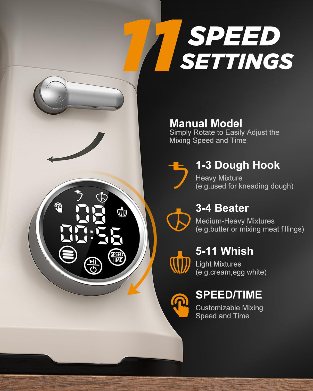 AIRMSEN Automatic Stand Mixer with LED Touchscreen & Timer - 11 Speed Tilt-Head Dough Mixer Fits 5.3QT Bowl & 3-IN-1 Attachments - Kitchen Electric Mixer for Bread Cake Baking - Beige and Orange AIRMSEN