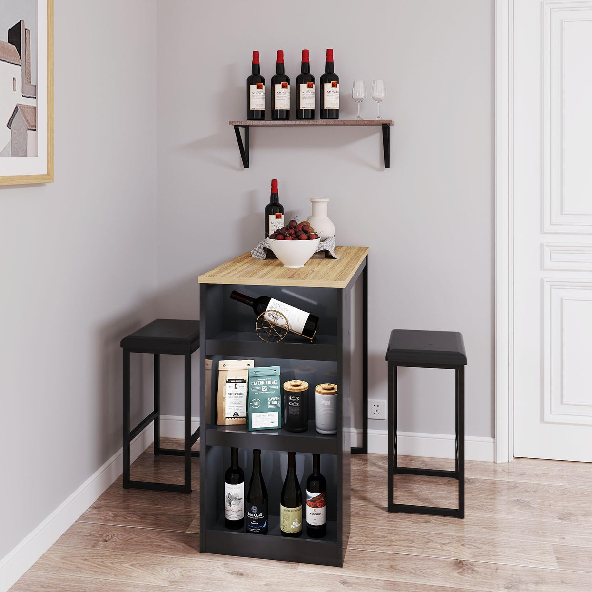 Gyger 3-Piece Black Dining Set with Storage Shelves – Compact Kitchen Bar Table and Stools for Small Spaces Gyger