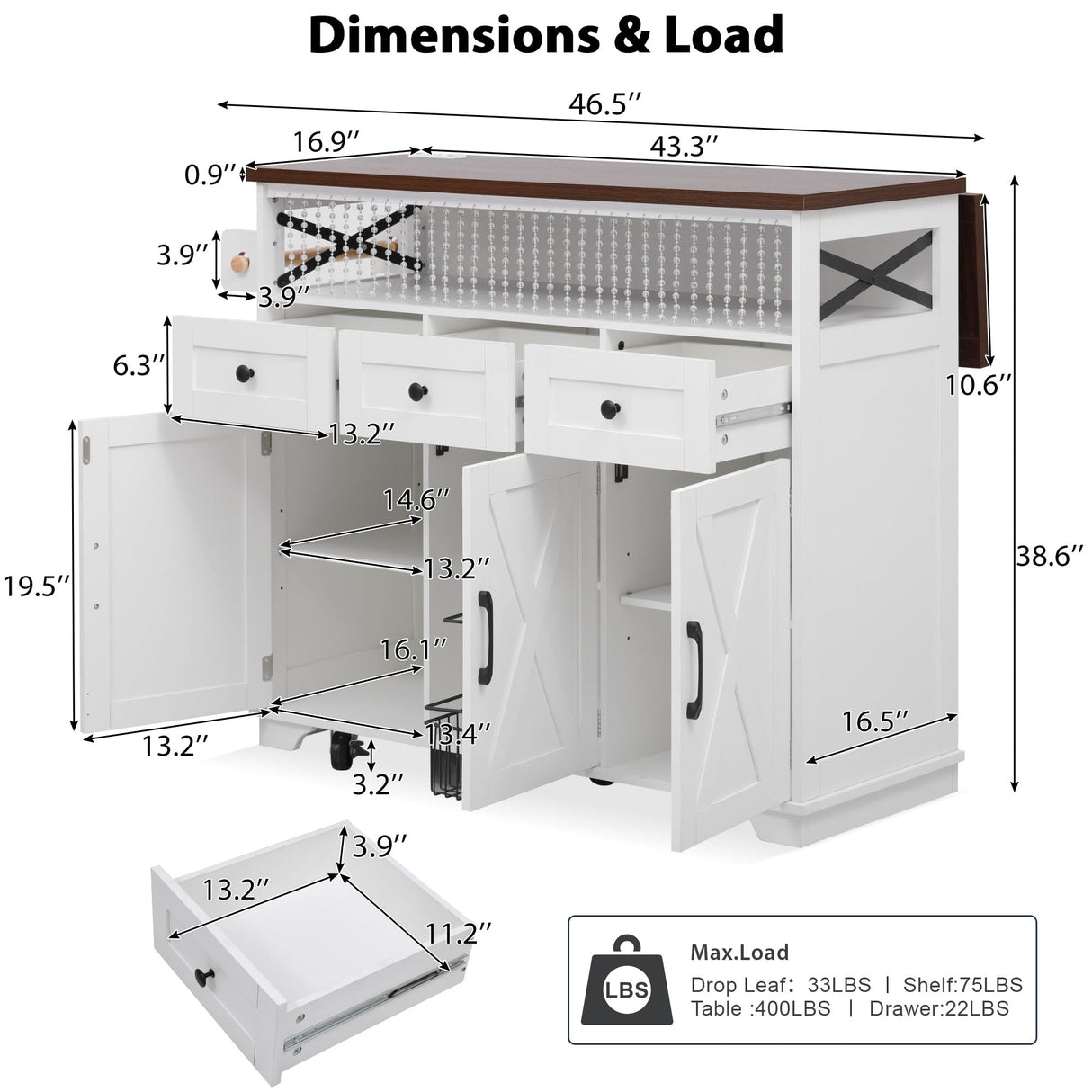Ball & Cast Farmhouse Kitchen Island with Drape of Beads & Power Outlet, Rolling Kitchen Cart on 5 Wheels, 3 Drawers, Internal Iron Shelf & Towel Rack, for Kitchen & Dining Room, White Ball & Cast