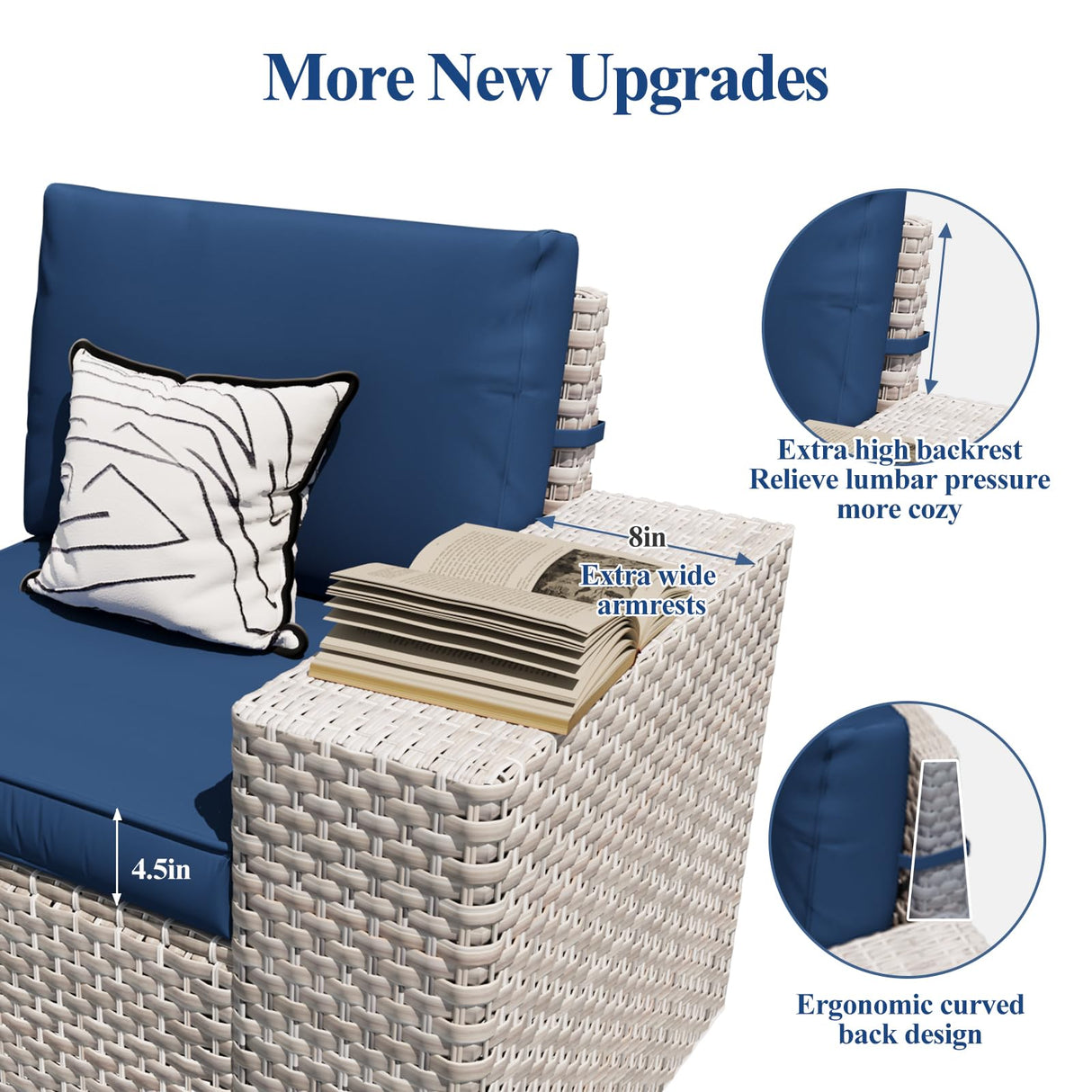 12-Piece Patio Furniture Set, Outdoor Extra Wide Armrest Modular Patio Sofa, Dual-Strand Rattan Wicker, Rust-Resistant Frame, Backyard High Back, Large Seat Furniture for Porch Garden Balcony, Blue HLNPTN