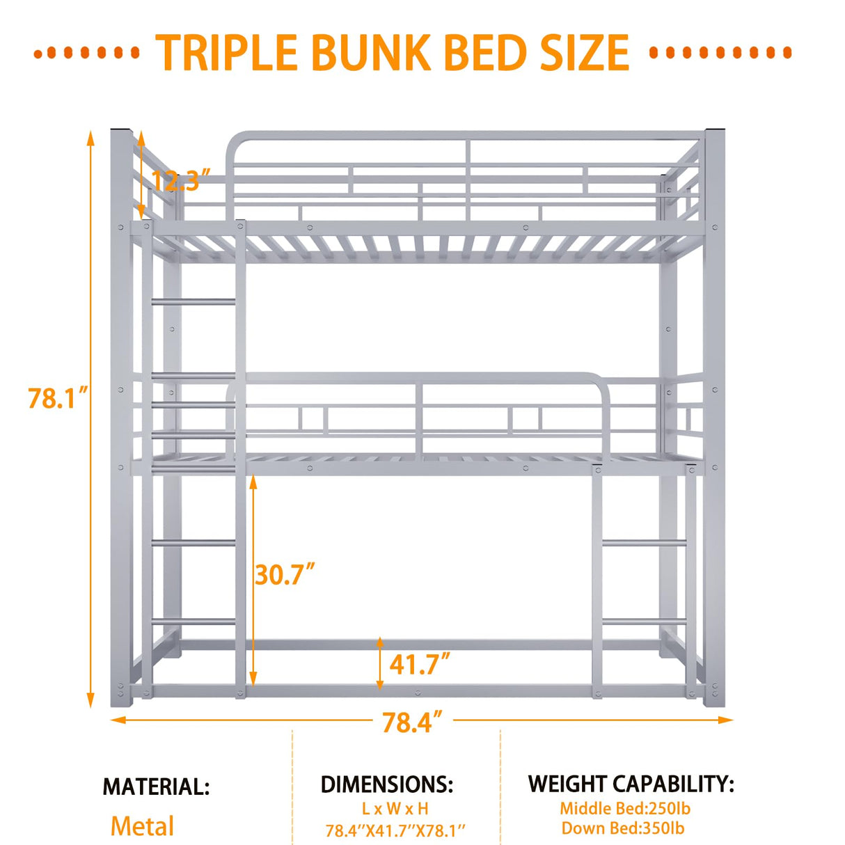 Bunk Beds, Metal Bunk Bed, Triple Bunk Bed for Kids,Teens, Adults, Girls, Boys, Detachable BunkBed Can Be Divided into 3 Twin Beds,No Box Spring Need (Silver) Anwick