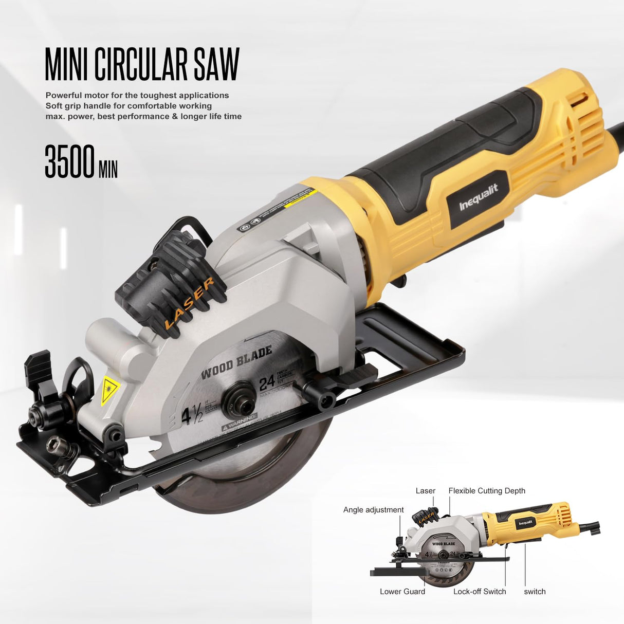 Inequalit 4Amp Mini Circular Saw, 3500RPM Corded Compact Saw with 4-1/2" 24T TCT Blades, Laser Guide, Rip Guide, Vacuum Adapter and Blade Wrench, Max Cutting Depth 1-11/16"(90°), 1-1/8"(45°) Inequalit