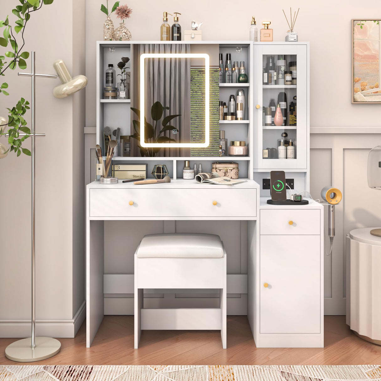 Vanity Desk with Lights & Sliding Mirror, Modern Vanity Makeup Mirror Desk with Charging Station 2 Drawers 2 Doors, Lots Storage Shelves, Large Vanity Set with Cushioned Stool for Girls & Women, White jiteentarou