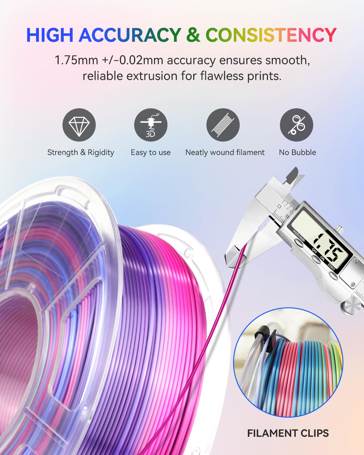 JAYO Silk Rainbow PLA+ Filament 1.75mm, Shiny Multicolor 3D Printer Filament, Fast Color Changes Every 8 Meters in Pink-Yellow-Blue-Green, 1.1kg/2.4lbs JAYO