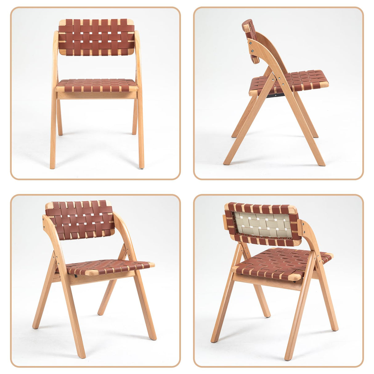 Luteren Folding Chairs Set of 2, Wooden Foldable Dining Chairs, Stackable Folding Extra Chair with Breathable Leather-Woven Design for Indoor & Outdoor, Brown Luteren