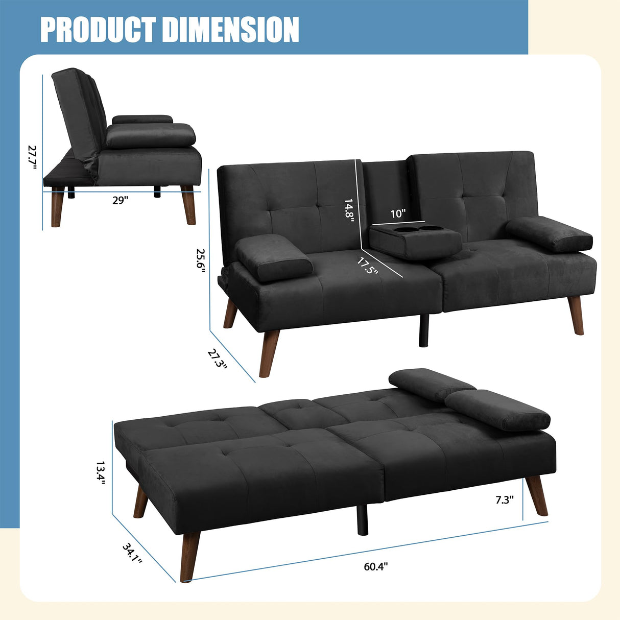Shintenchi Futon Sofa Bed, Convertible Couch Bed Loveseat, Modern Futon Recliner Sleeper, Small Lazy Futon Set for Living Room, Office, Apartment,e, Black Shintenchi