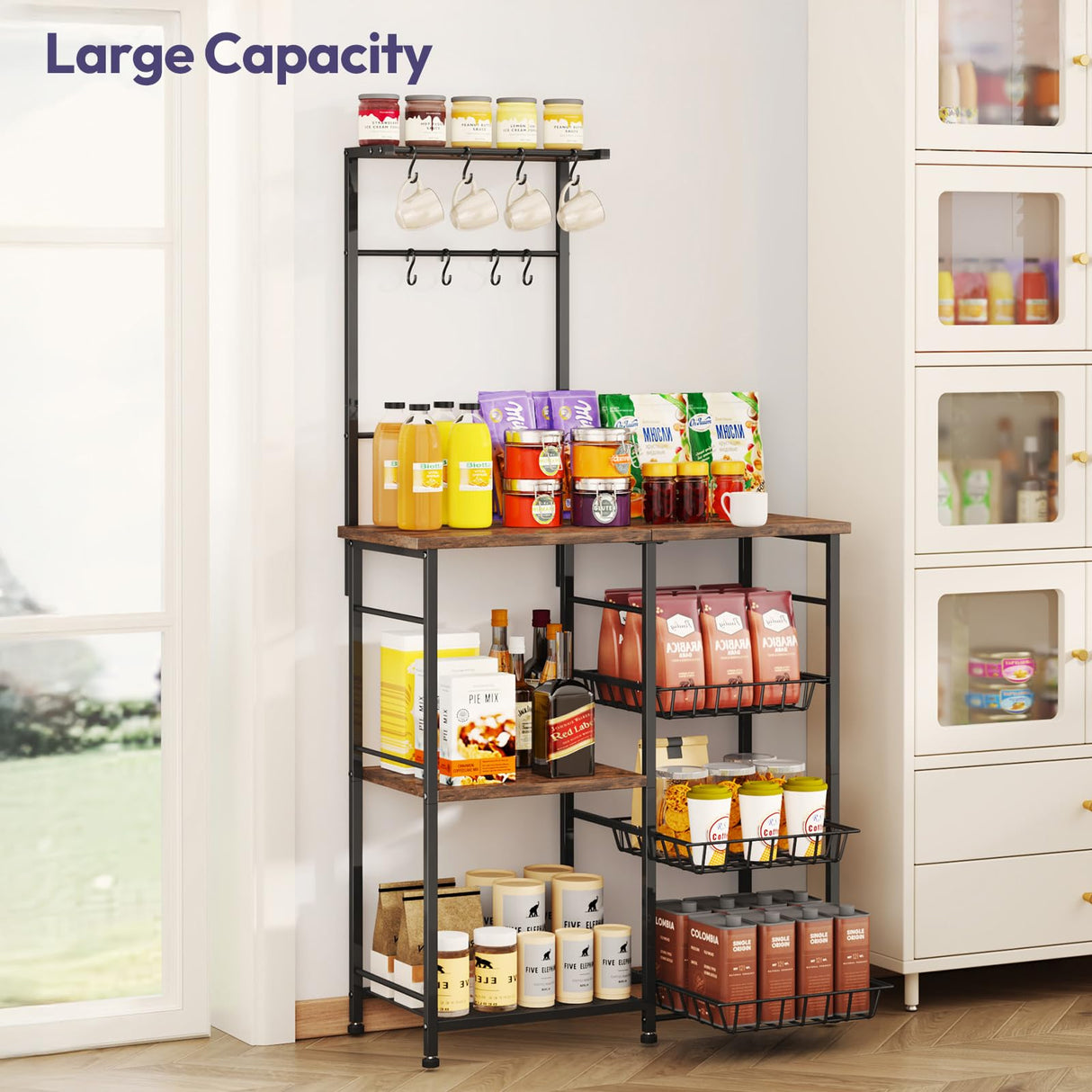 SWTYMIKI Bakers Rack with Storage - Coffee Bar Cabinet with Shelves, Coffee Station Organizer and Kitchen Stand with 8 Hooks, Baskets, Adjustable Feet for Kitchen Dining Room Pantry, Espresso SWTYMIKI