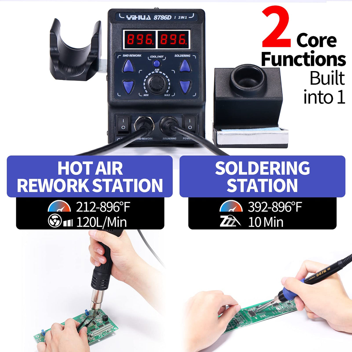 YIHUA 8786D I 2 in 1 Hot Air Rework and Soldering Iron Station with °F /°C, Cool/Hot Air Conversion, Digital Temperature Correction and Sleep Function YIHUA