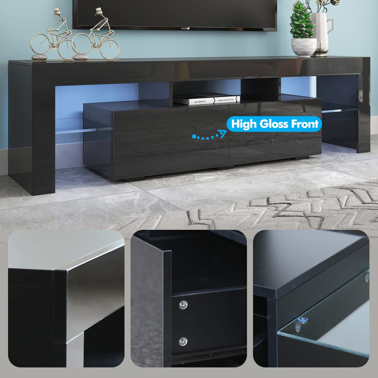 Black TV Stand with 2 Storage and 3 Open Shelves High Gloss LED TV, TV Entertainment Center TV Console Media Gaming TV Table Stands for Up 50 to 70 Inch Hangoo