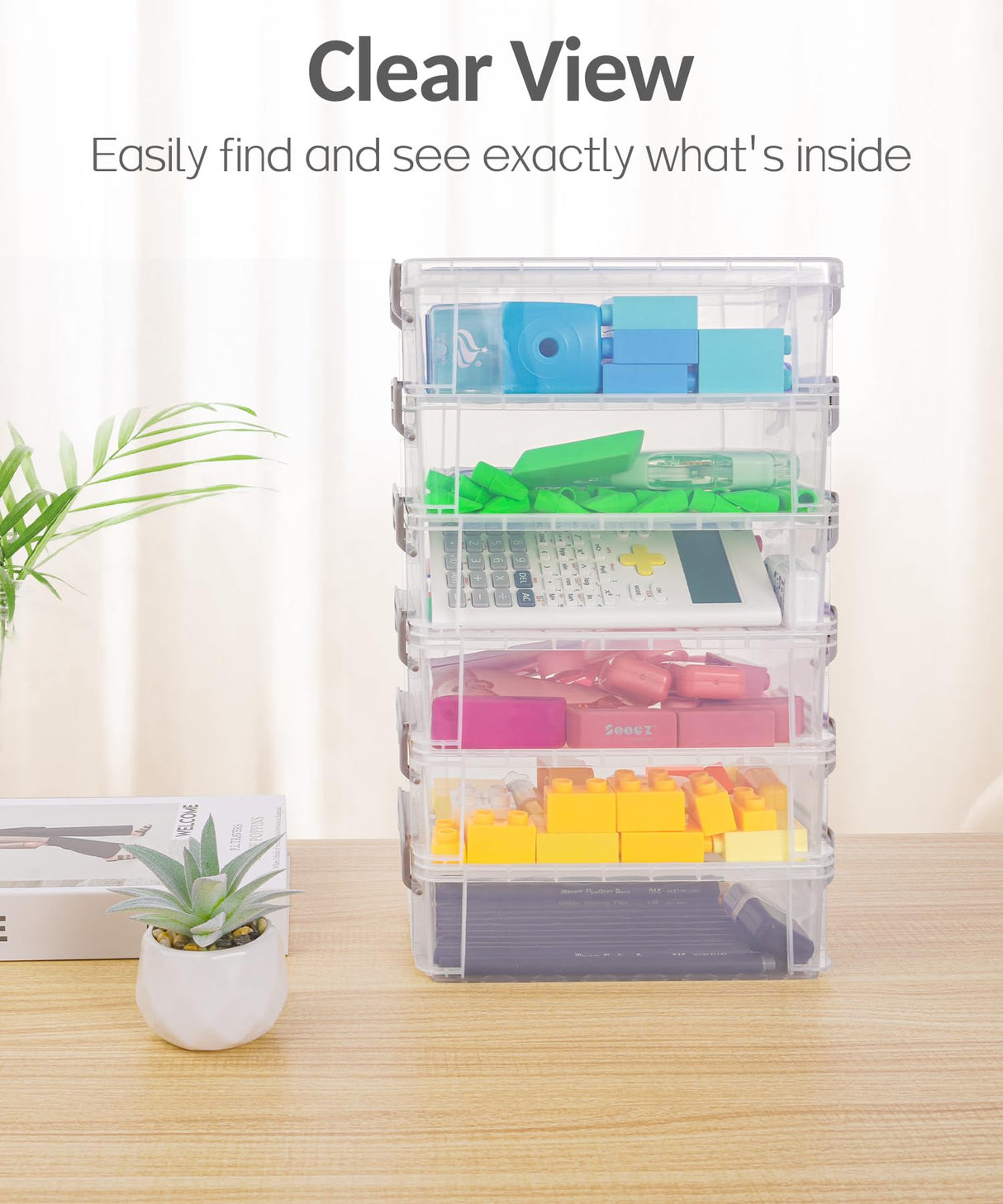 Sooez 6 Pack Extra Large Pencil Box, Plastic Pencil Case Crayon Box Bulk, Clear Marker Organizer Plastic Containers with Lid, Stackable Storage Box for Craft, Pen, Art, School Supply, Grey Sooez