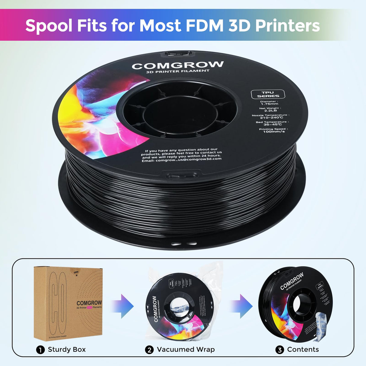 Comgrow TPU Filament, 1.75mm, 95A Soft TPU Flexible 3D Printer Filament Black 1kg (2.2lbs), Dimensional Accuracy +/- 0.02 mm, Fit Most FDM Printer Comgrow