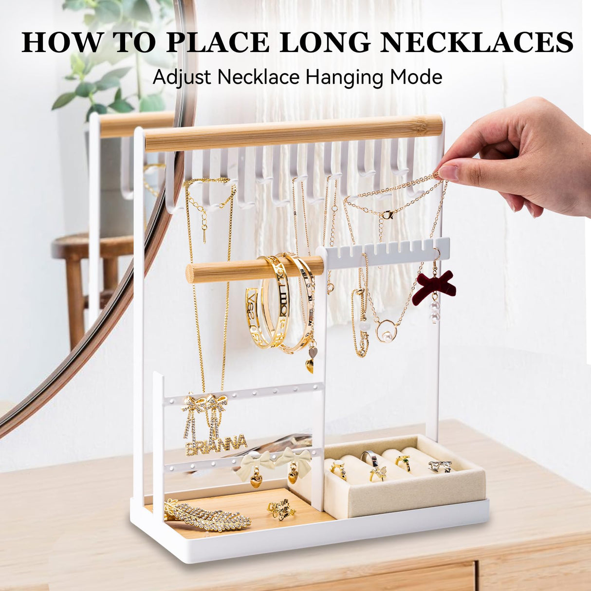 DreamGenius Jewelry Organizer Stand with Velvet Ring Holder, 4 Tier Jewelry Holder Organizer with 15 Hooks for Necklaces and 16 Holes for Earrings, White DreamGenius