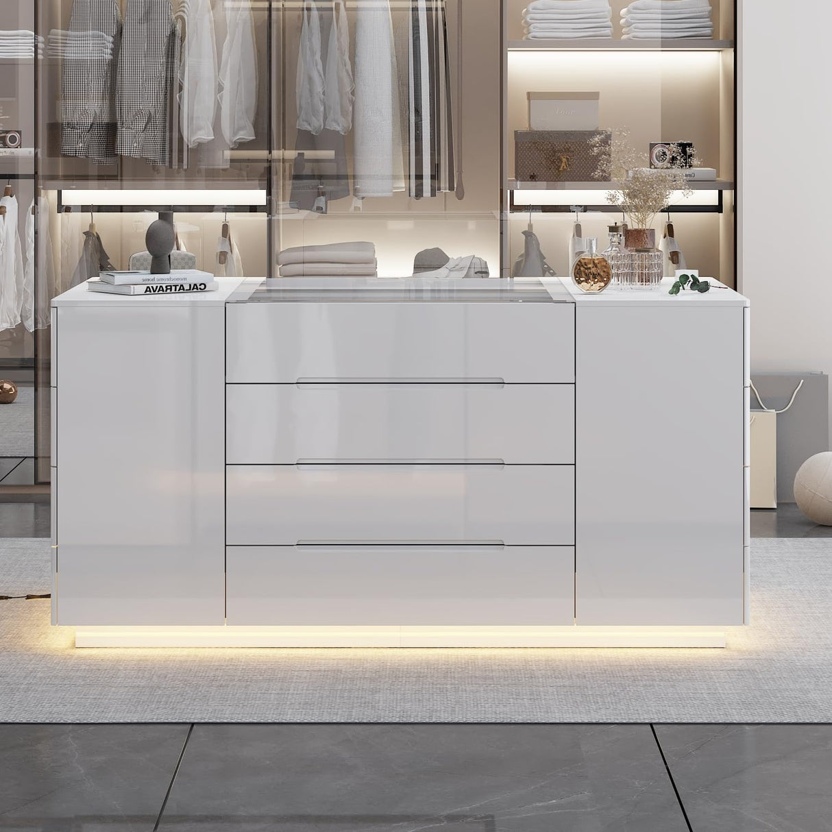 Homsee Armoire Bedroom Island with LED Light, Glass Tabletop & Storage Organizer, Wardrobe Closet Walk-in Island with 16 Drawers for Bedroom Shops, White Homsee