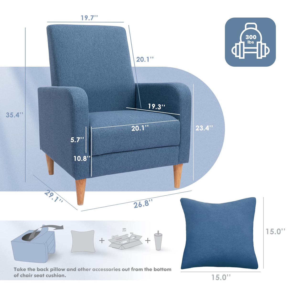 COLAMY Modern Upholstered Accent Chair Armchair with Pillow, Fabric Reading Living Room Side Chair,Single Sofa with Lounge Seat and Wood Legs, Blue COLAMY