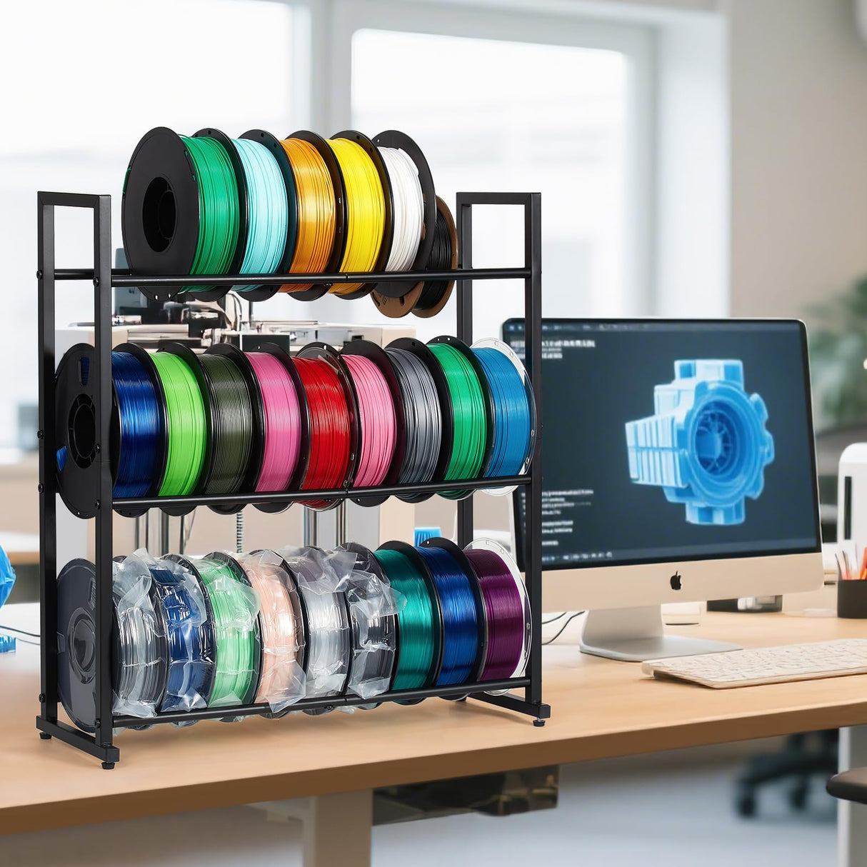EnigmaSoul 3D Printer Filament Storage Rack Desktop, 3-Tier Heavy-Duty Filament Spool Holder Stand, Space-Saving Metal Filament Shelf for TPU/PLA/ABS, Ideal for Studio, Office, Workshop EnigmaSoul