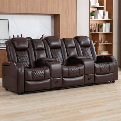 Attliahome Home Theater Seating, Recliner Sofa PU Leather with Central Console and 3 Pillows, Wall Hugger Recliners & 135° Reclining Theater Seats (Row of 3,Brown)