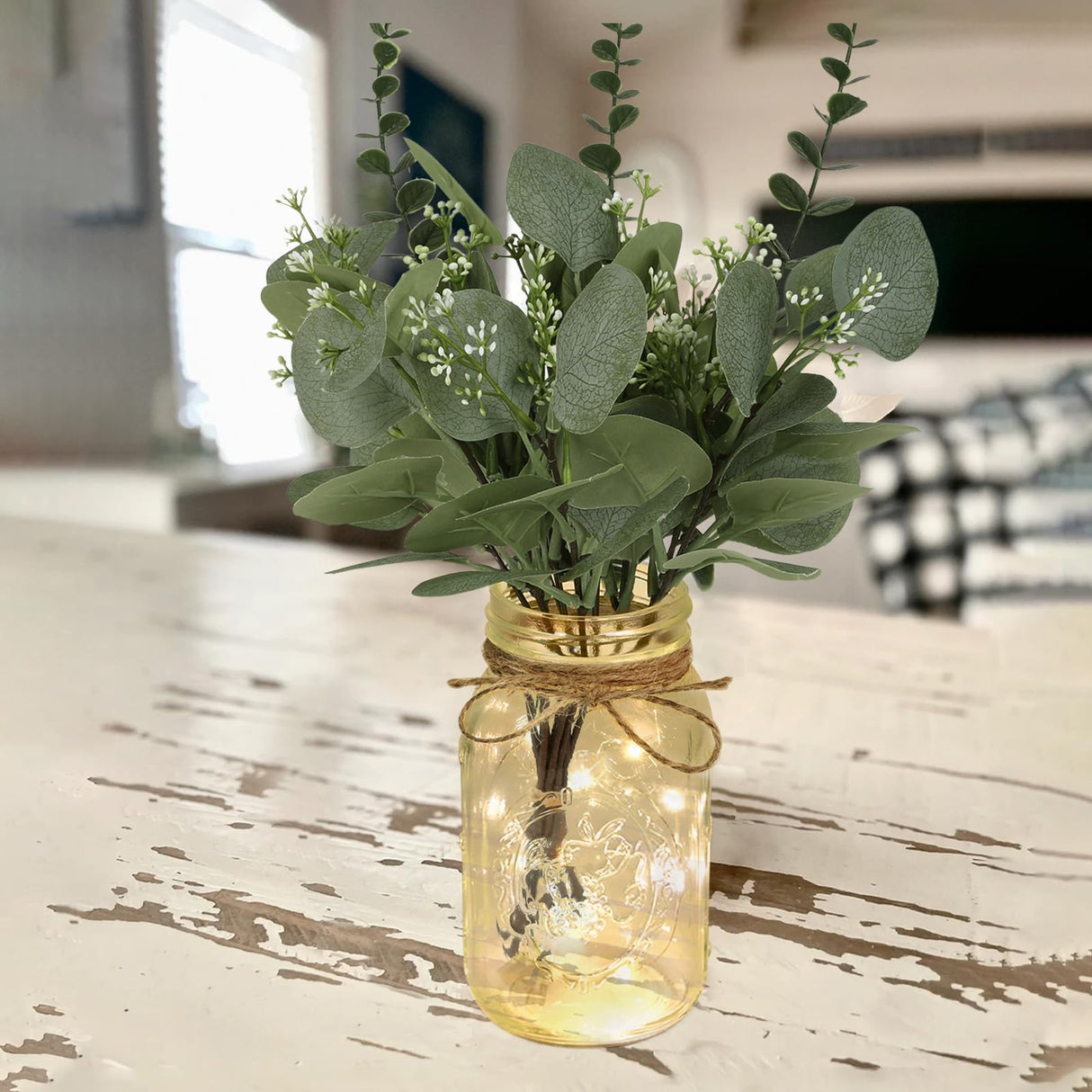 Lighted Mason Jar Centerpiece Set of 3 Eucalyptus Plant Decorative Jars Vase Farmhouse Table Decorations for Home Living Dining Room Wedding Christmas Thanksgiving Party ysnn