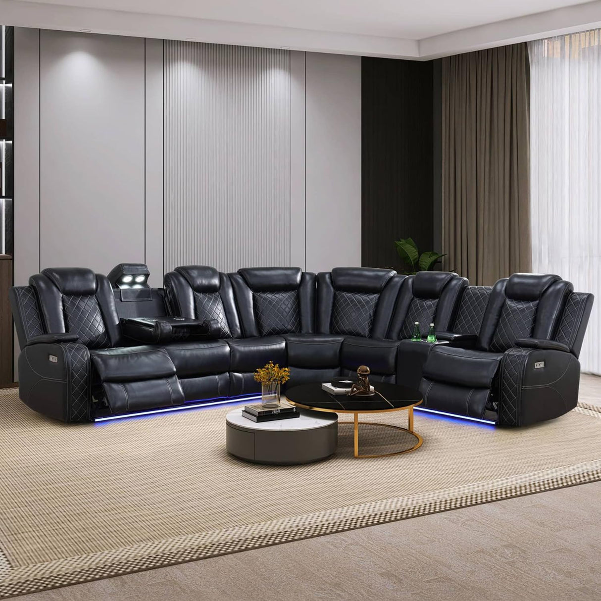 SIENWIEY Black Leather Power Reclining Sectional Sofa,Sectional Couch with Recliner Living Room Set with LED Light/Read Light/Storage Console/USB Port/Wireless Charge/Home Theater Seat SIENWIEY