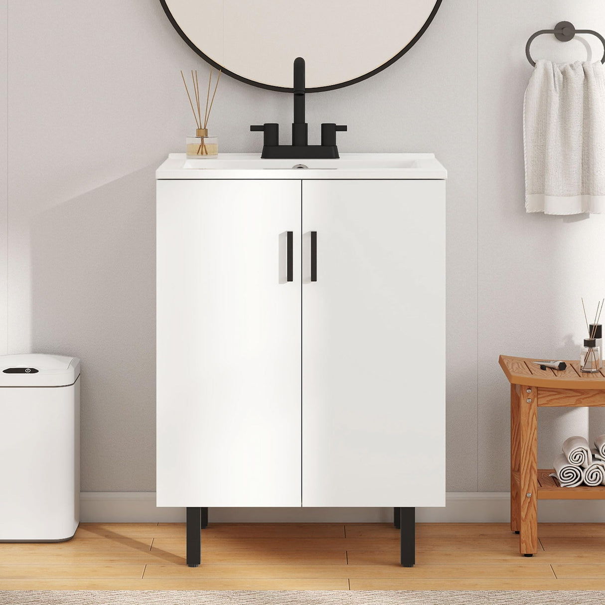 YITAHOME 24 Inch Bathroom Vanity with Ceramic Sink, Modern Freestanding Bathroom Cabinet Vanity for Small Space, Soft Closing Doors with 2 Built-in Shelves, White YITAHOME