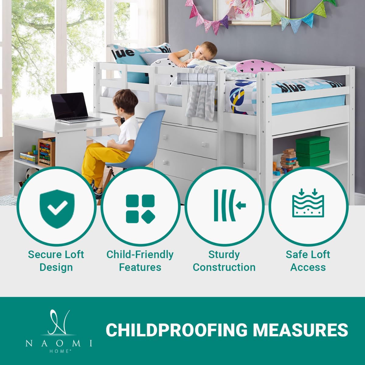 Naomi Home Twin Size Loft Bed with Storage, Desk, Cabinet Ladder, Low Study Pine Wood for Kids, Safety Guard Rails, Bookcase Shelf, White Naomi Home