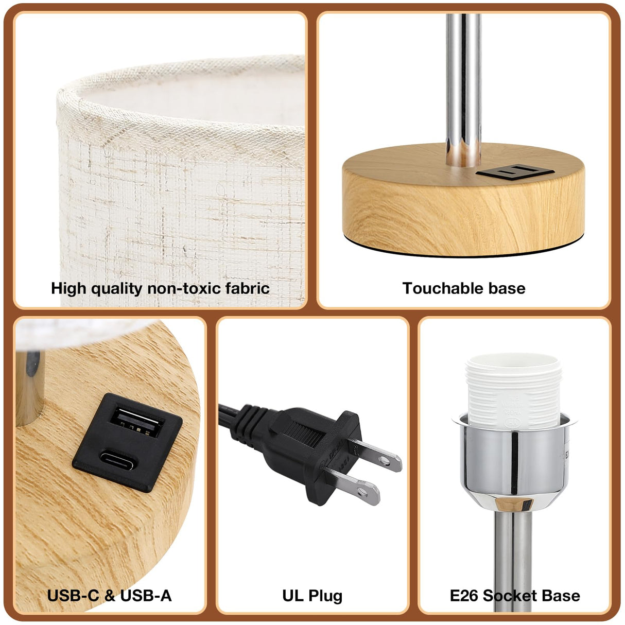 Touch Bedside Table Lamp with USB - 3 Way Dimmable Wood Lamp for Bedroom Nightstand, Desk Lamp with Charging Station for Dorm, Living Room, Office, Kids Room, Nursery, Small Dicoool
