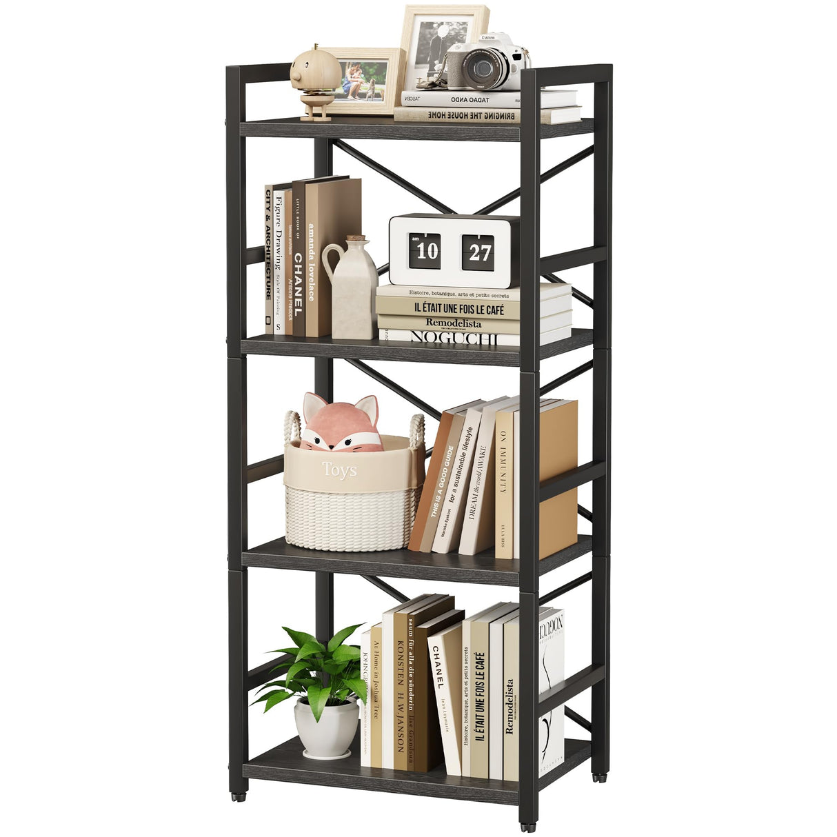 Homeiju Black Bookshelf, 4 Tier Small Bookcase, Black Metal Small Bookcase, Book Shelf Organization and Storage for Living Room, Bedroom, and Home Office