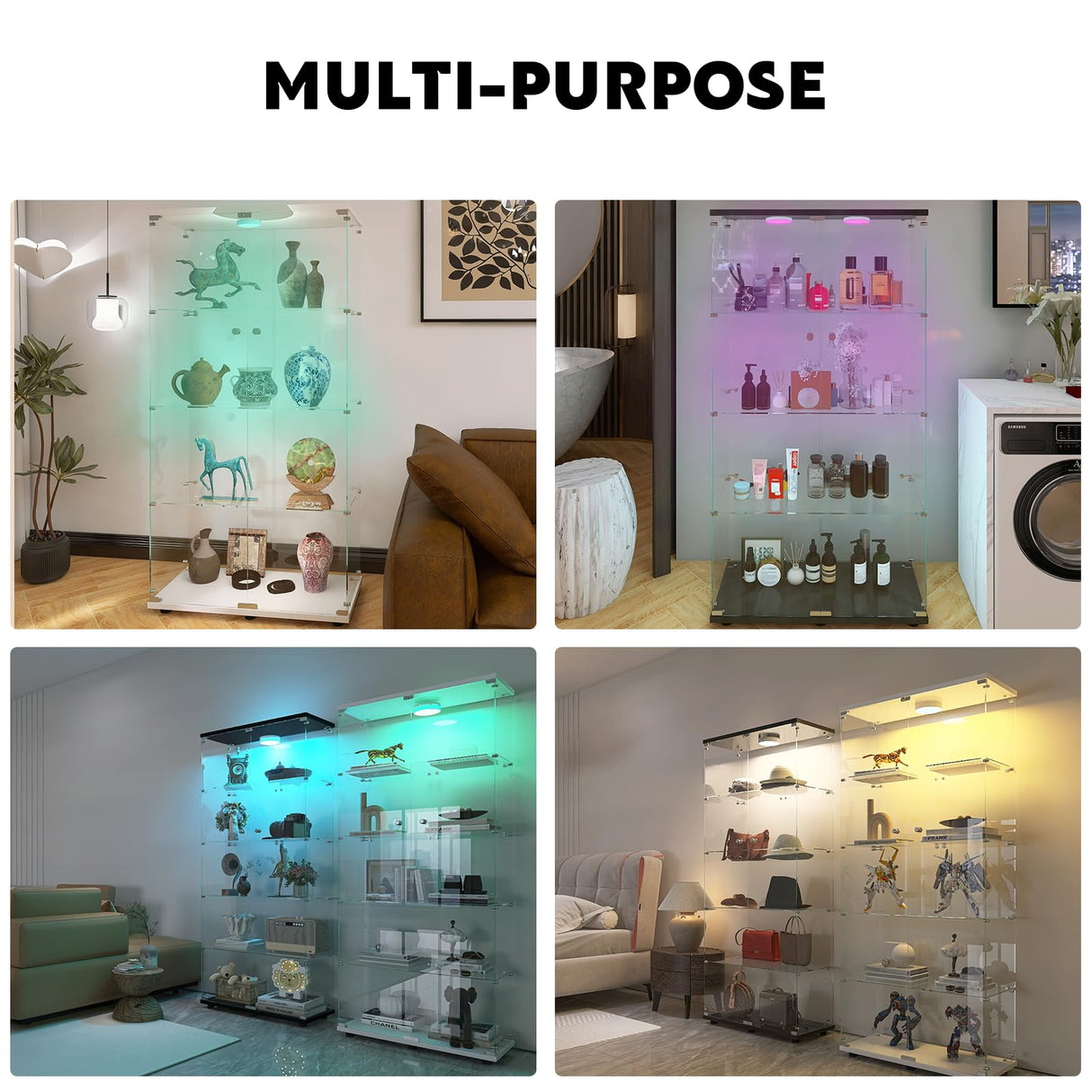 Glass Display Case for Collectibles, Double Door 4 Shelves Lockable Curio Cabinet with LED Lights, Clear Tempered Glass Showcase Cabinet for Home Office Retail Store,13.5" D x 31" W x 65" H,White Fetuero