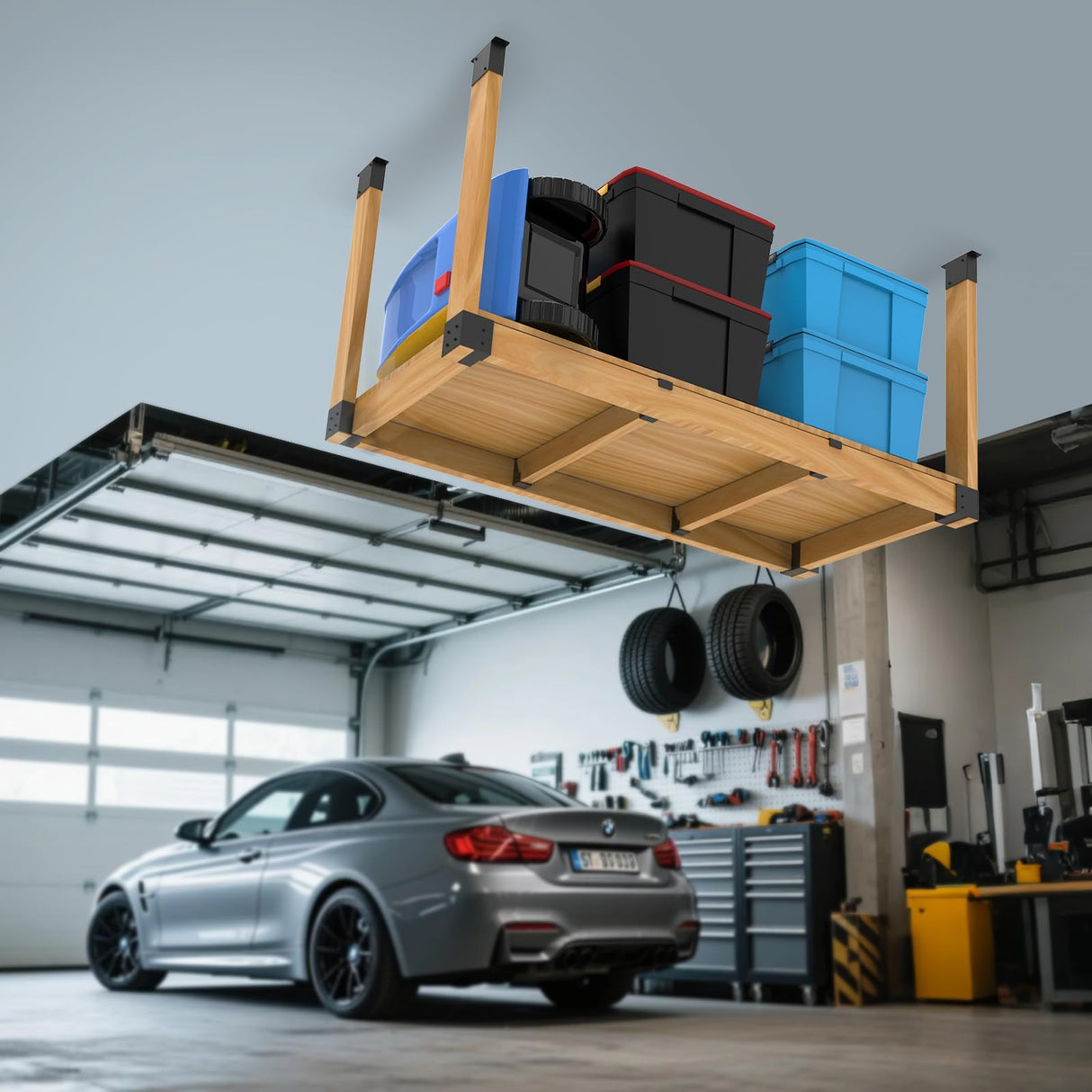 GOOCORREC Heavy Duty Overhead Garage Storage Rack Kit for 2x4 Wood (Actual 1.5"x3.5") - DIY Ceiling Storage System, 500 lbs Capacity, Easy Install, Metal Brackets (Black) GOOCORREC