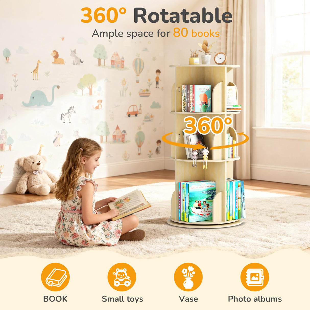 BIERUM Rotating Bookshelf Tower for Kids, 360° Display 3 Tier Spinning Bookshelf Storage Round Carousel, Small Rotating Bookcase, Revolving Bookshelf for Kids Room, Bedroom, Living Room BIERUM