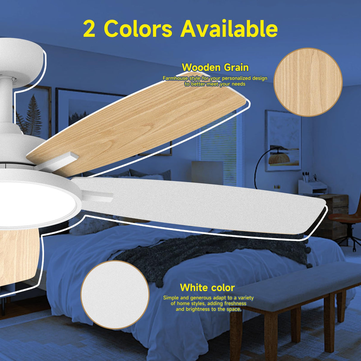 Roomratv Ceiling Fans with Lights,52 inch Smart Ceiling Fans with Dimmable LED Light Compatible with Google Assistant Alexa App Control(White) Roomratv