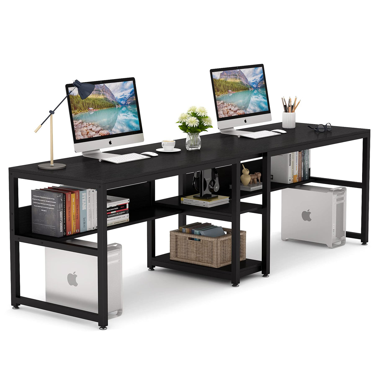 Tribesigns Rustic Double Desk with Bookshelf - 78.7 Inch Two-Person Computer Workstation in Black Tribesigns