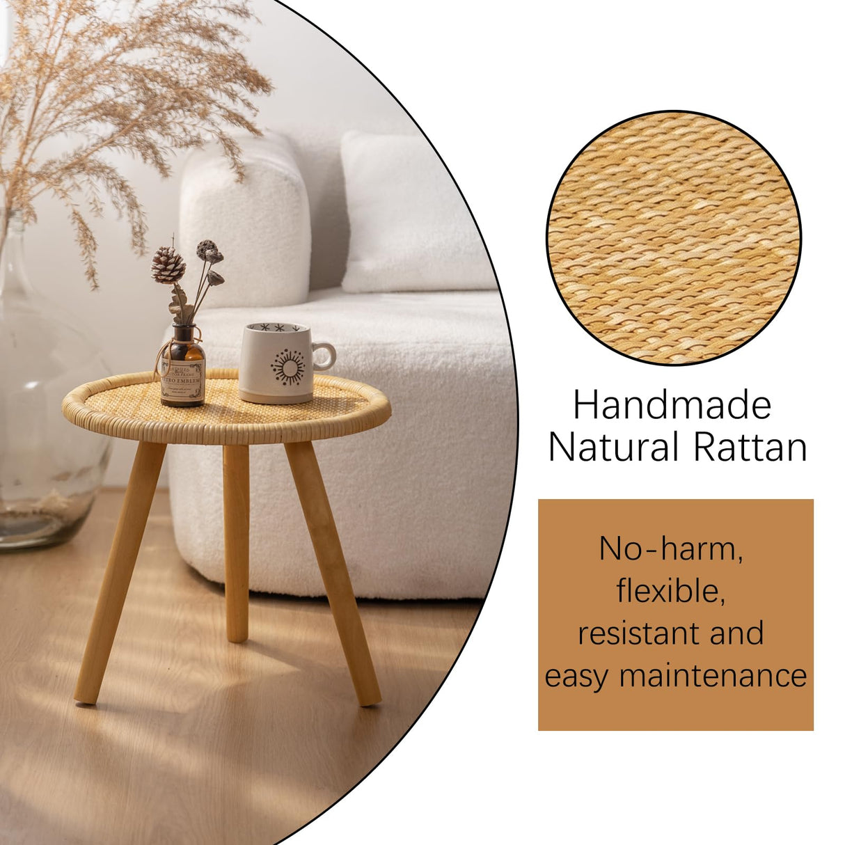 HuiDao Rattan Round Coffee Table, Boho Circle Side Table End Table for Living Room, Small Mid Century Accent Table for Bedroom Balcony HuiDao
