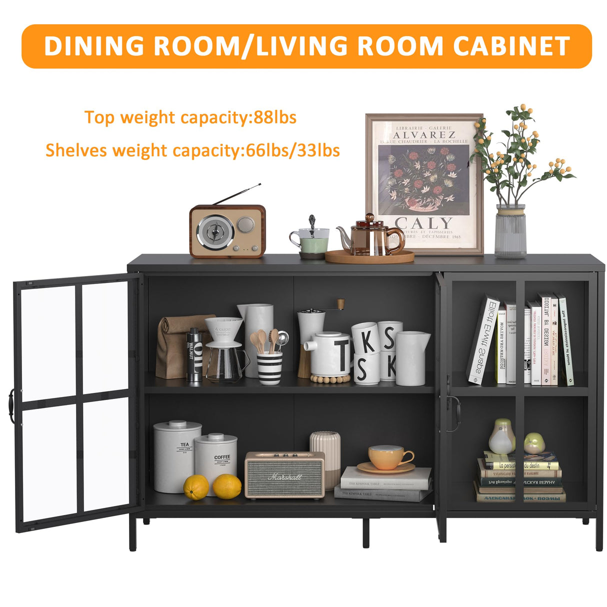 GLCHQ Metal Storage Cabinet with Tempered Glass Doors, Display Sideboard Cabinet for Home Office,Dining Room or Kitchen (Black, 3 Doors) GLCHQ