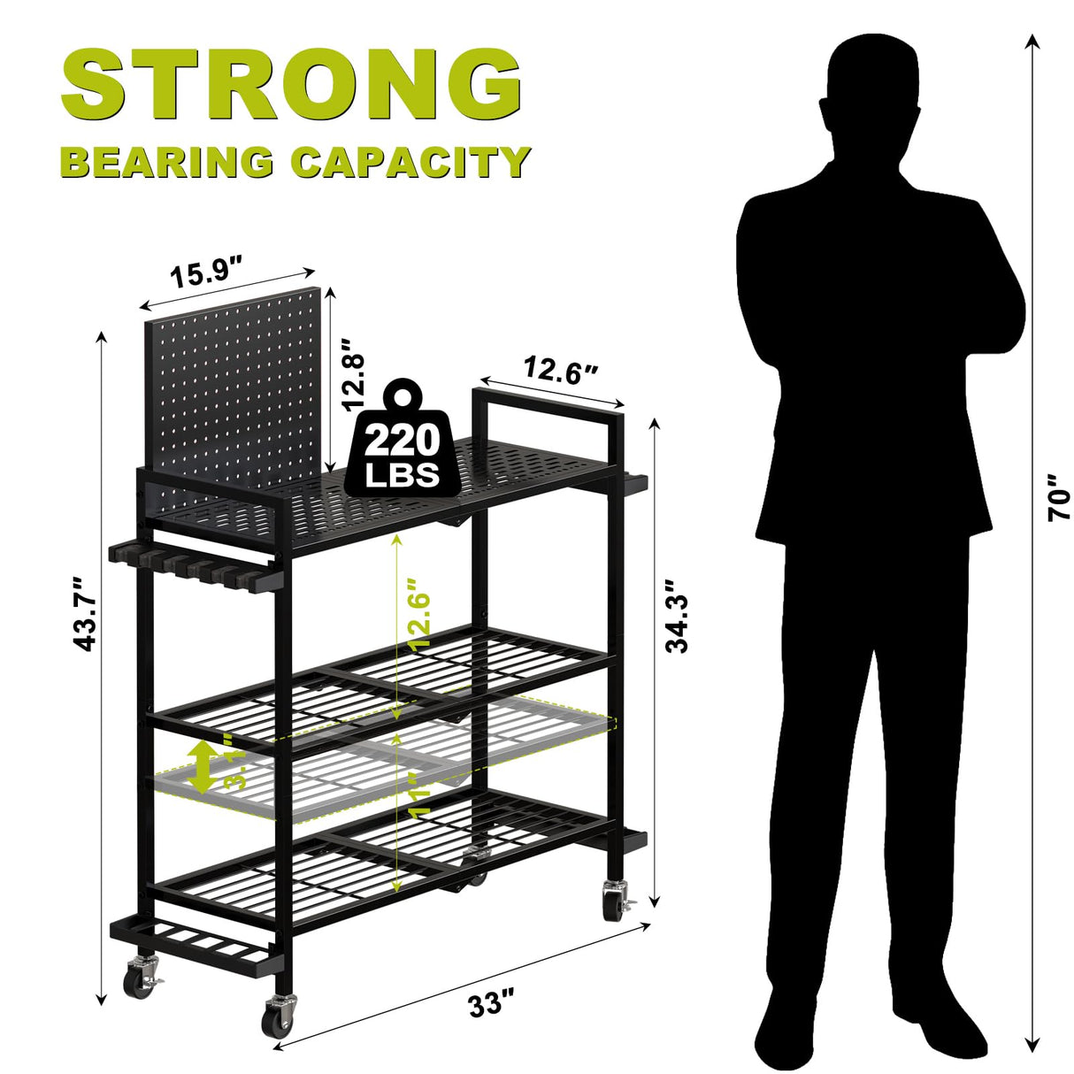Fishing Rod Holders for Garage, Fishing Rod Stand with Wheels and Pegboard, 3-Tier Pole Storage Rack with 12 Rod Slots, Ideal for Tackle, Backpacks, and Gear Black SEEAHEAD