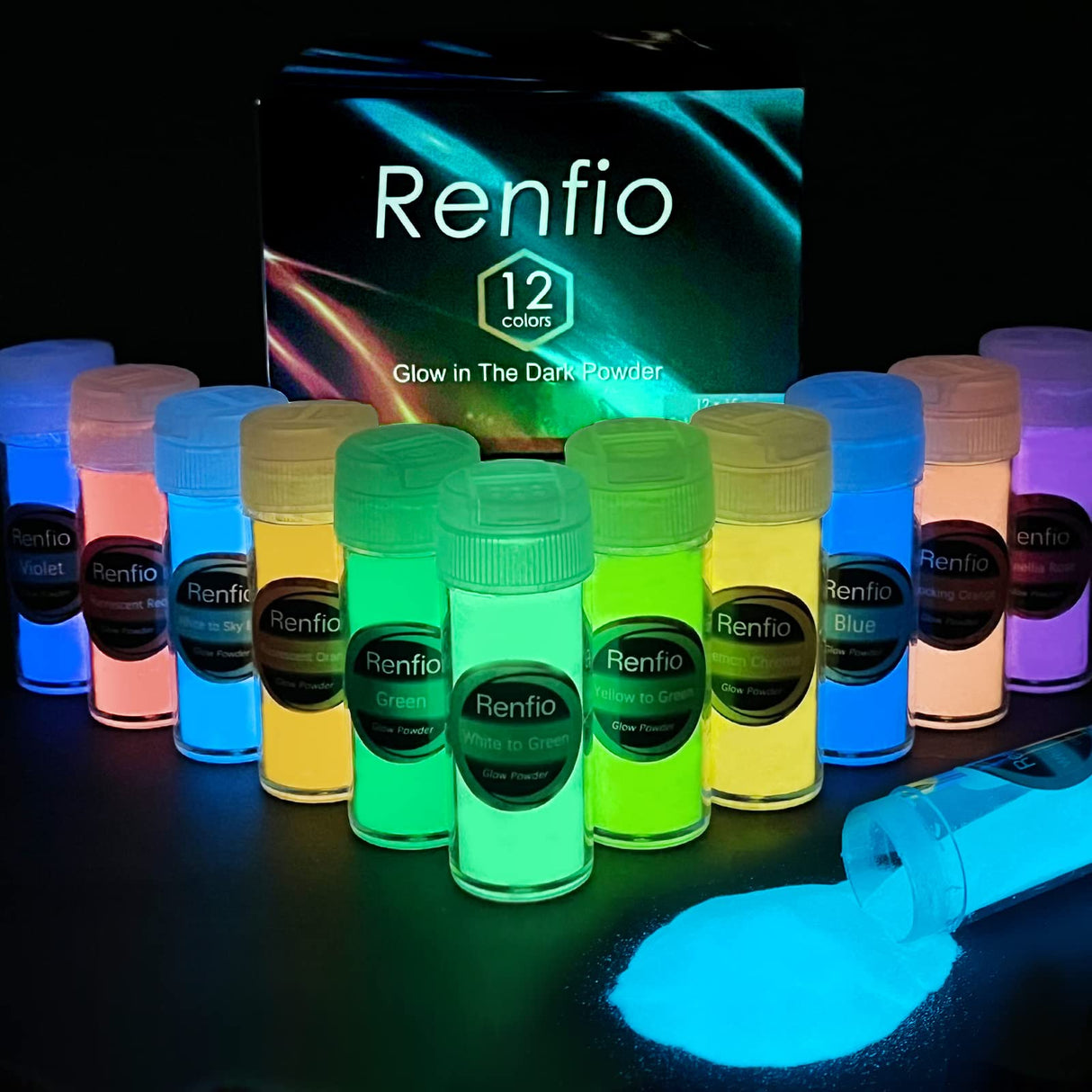 Renfio 12 Colors Glow in The Dark Powder Set, 9.86oz 276g Resin Luminous Pigment Powders Glowing Mica Powder Glow Paint Dyes for Epoxy Resin Supplies, Acrylic Paint, Nail Art, DIY Crafts, Slime Renfio