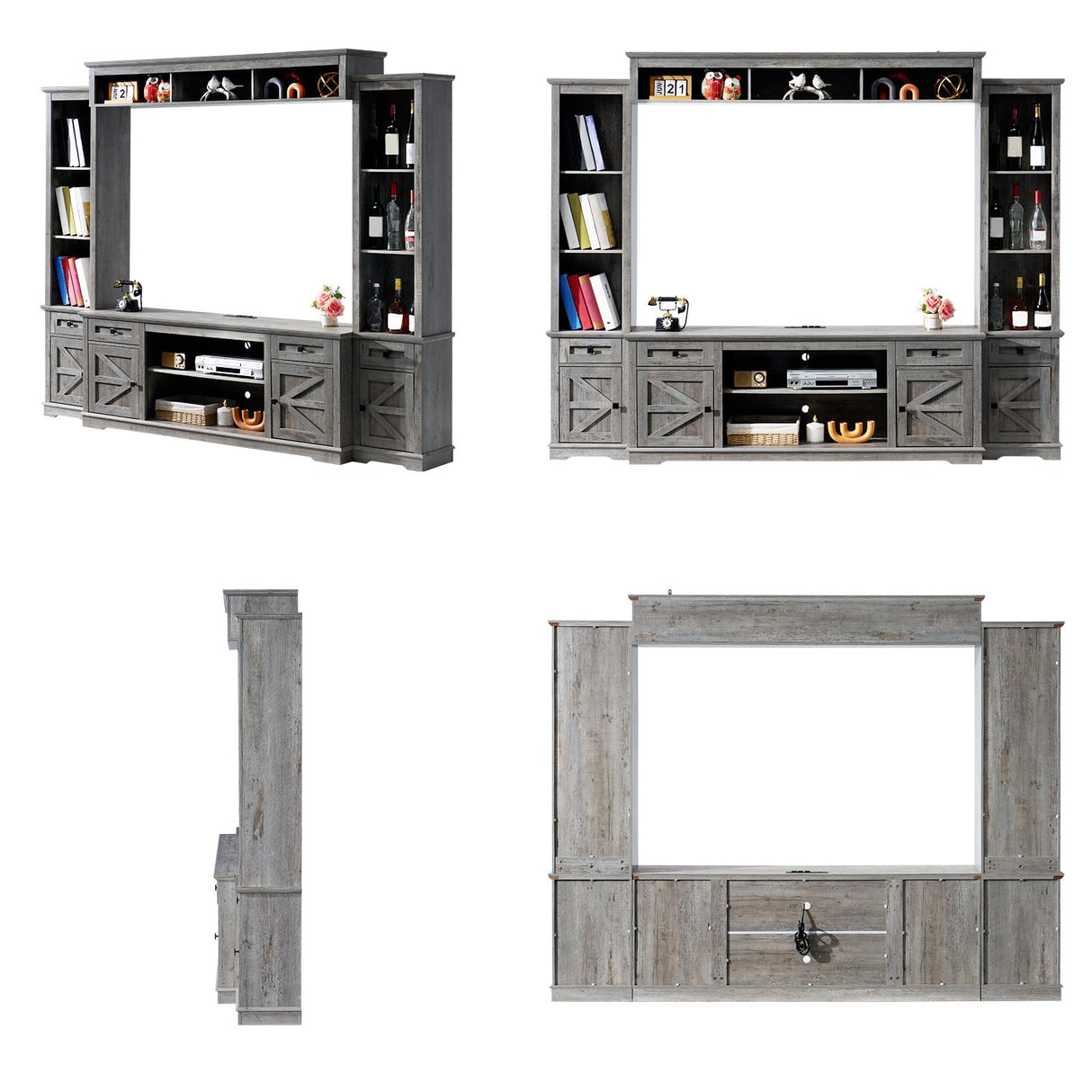 AMERLIFE 98" Farmhouse Entertainment Center Wall Unit with Bookshelves, Wine Cabinet, Fits 78" TVs, Large TV Stand with Power Outlets & Barn Door, Rustic Media Console for Living Room, Gray AMERLIFE