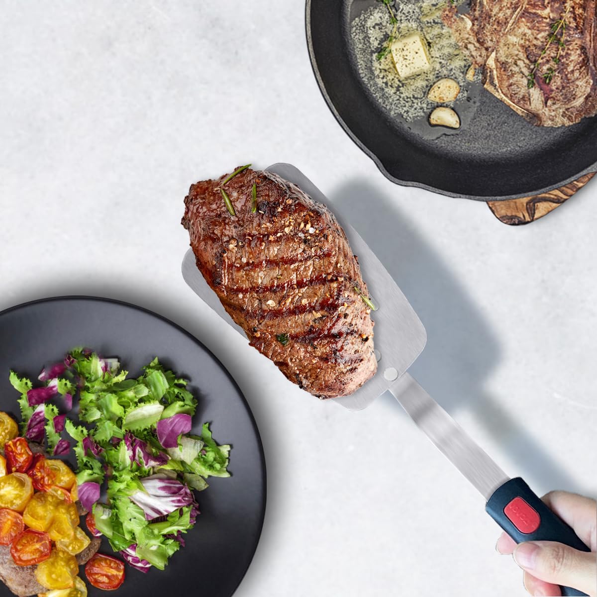 Stainless Steel Flexible Spatula Turner, Thin Slotted Metal Spatula for Cast Iron Skillet, Thin Blade and Heat Resistant Silicone Handle, Great for Egg, Cookie, Meat, Crep, Large Vovoly